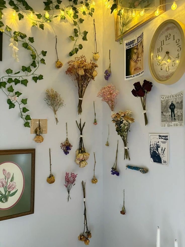 Dried flowers arranged on wall